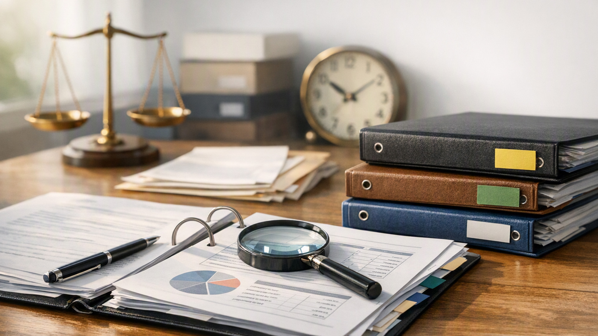 Business records, folders, and documents arranged on a desk with a magnifying glass, clock, and balance scales, illustrating accountability, compliance, and record keeping.