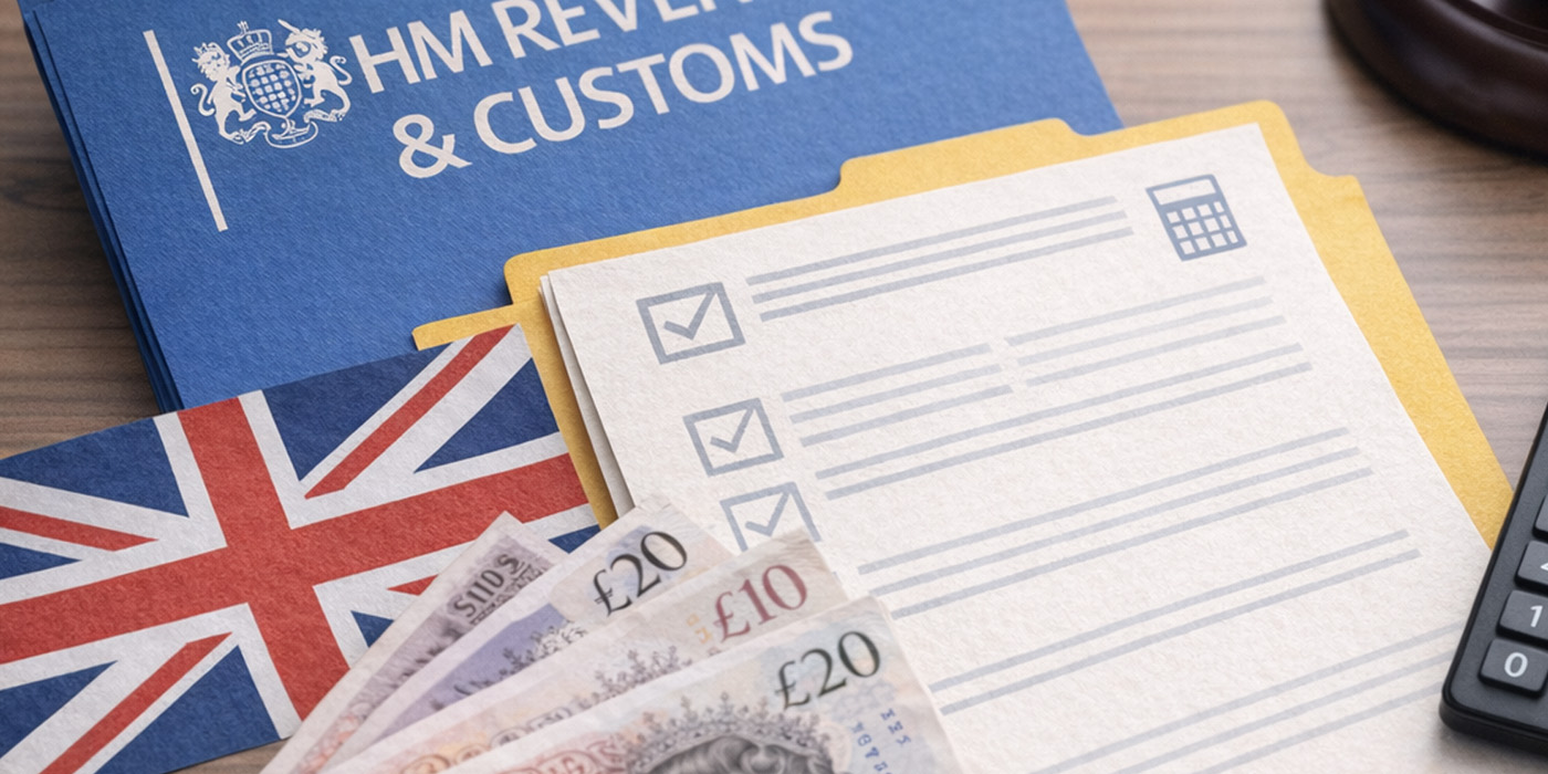 Image of a calculator, some file folders with the HMRC logo and a pile of British monetary bills, depicting a working space for the completion of HMRC reporting.