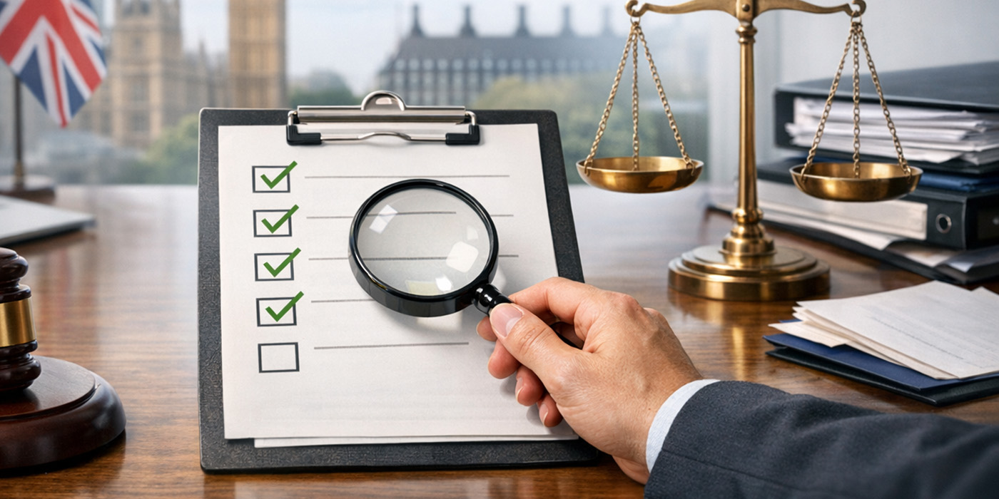 Graphical representation of a businessperson sitting at a desk, analysing a compliance checklist.
