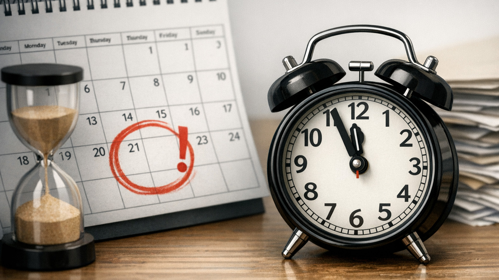 Desk calendar with a marked deadline date beside an alarm clock, hourglass, and stacked documents, illustrating business record retention periods, reporting deadlines, and time-sensitive responsibilities.