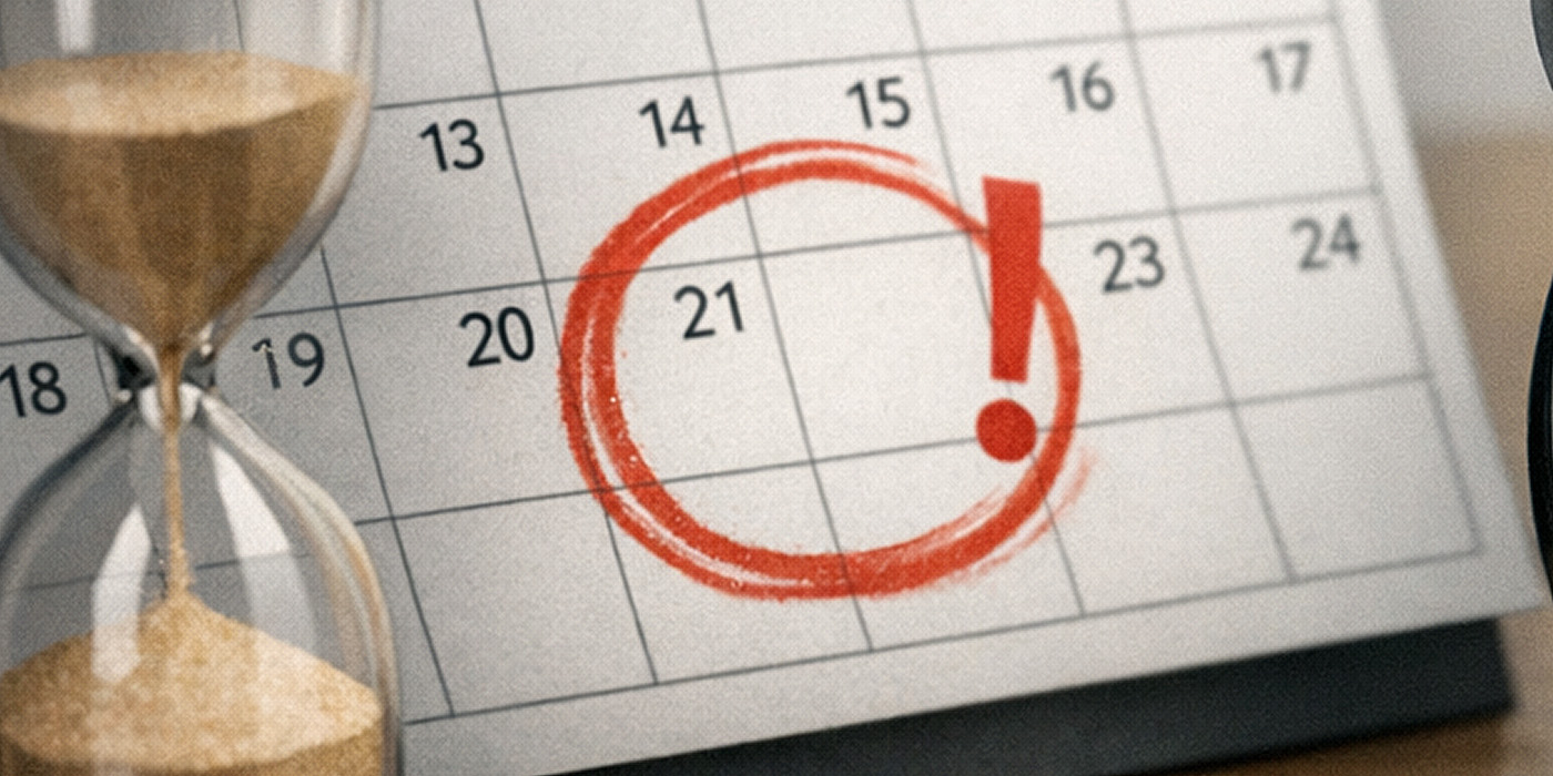 Desk calendar with a marked deadline date beside an alarm clock, hourglass, and stacked documents, illustrating business record retention periods, reporting deadlines, and time-sensitive responsibilities.