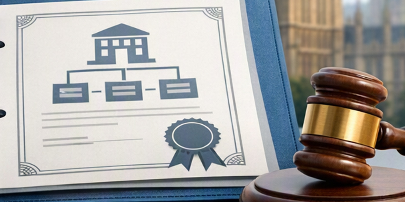Open binder displaying company registration and organisational documents beside a magnifying glass and gavel, with the Palace of Westminster and Elizabeth Tower in the background, illustrating company registration, public filings, and legal business administration.