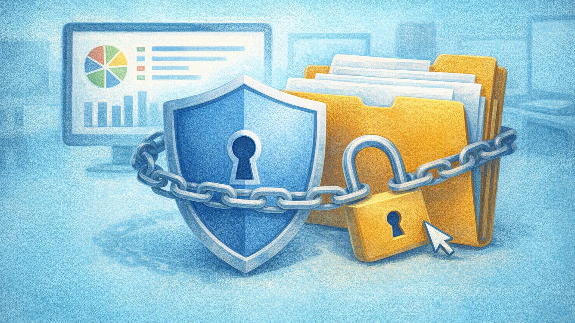 Shield and locked folder secured with a chain and padlock in front of business analytics charts, representing the protection, management, and responsible handling of personal and business data.